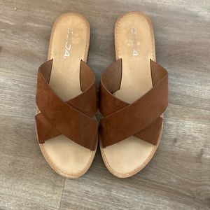 Faux leather brown sandals - crossover slides